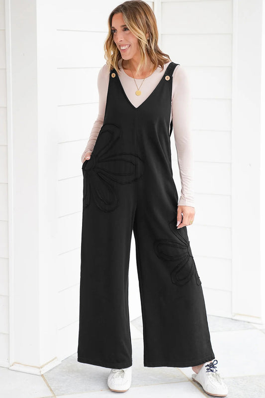 Raw Seam Flower Design Overall Jumpsuit
