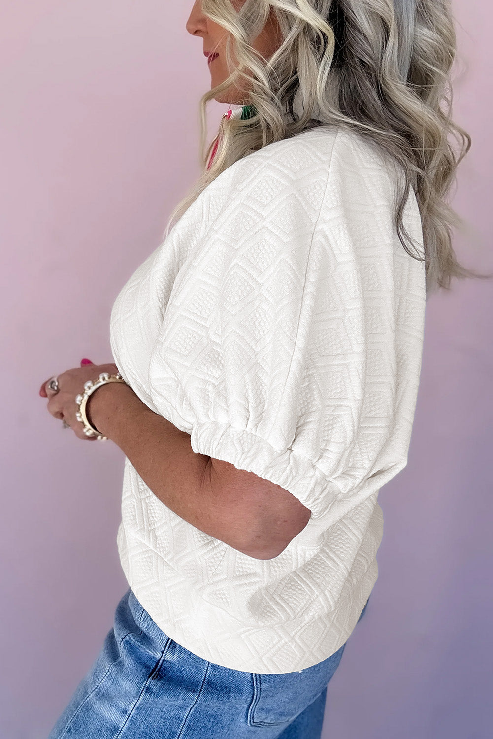 Puff Sleeve Blouse with Striped Collar-White