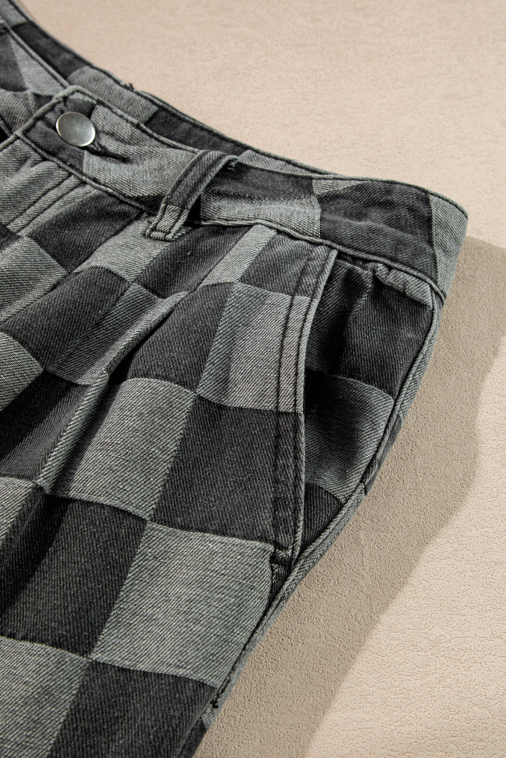 Grey Checkered Denim Wide Leg Jeans