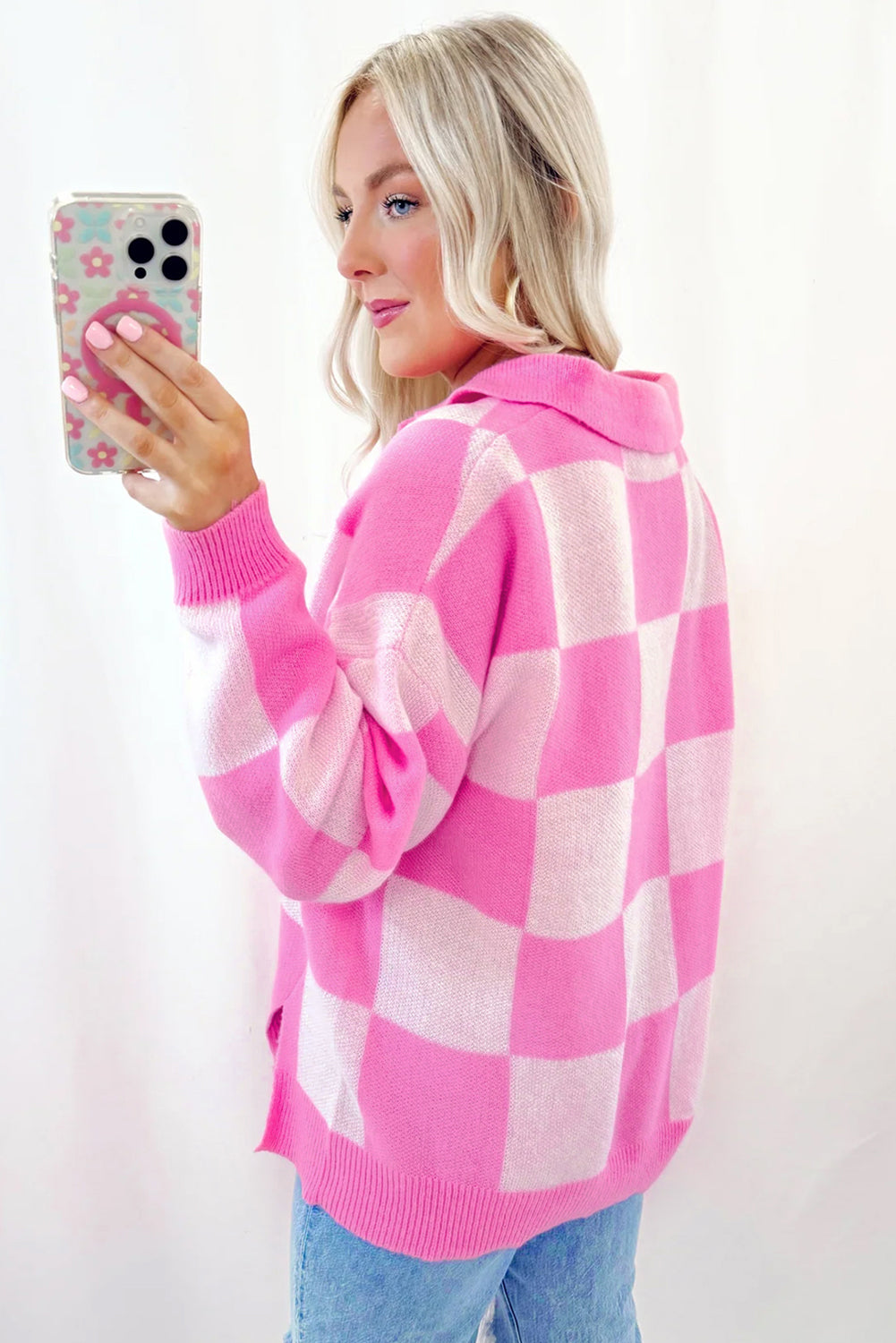 Pink Checkered Drop Shoulder Sweater