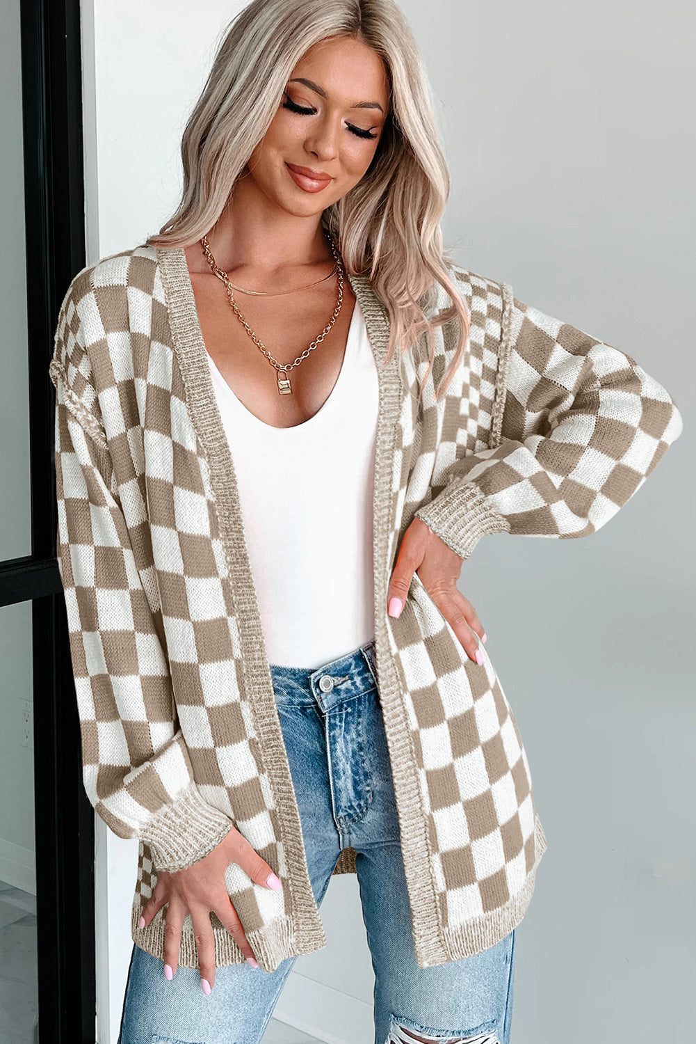 Brown Checkered Open Front Drop Shoulder Cardigan