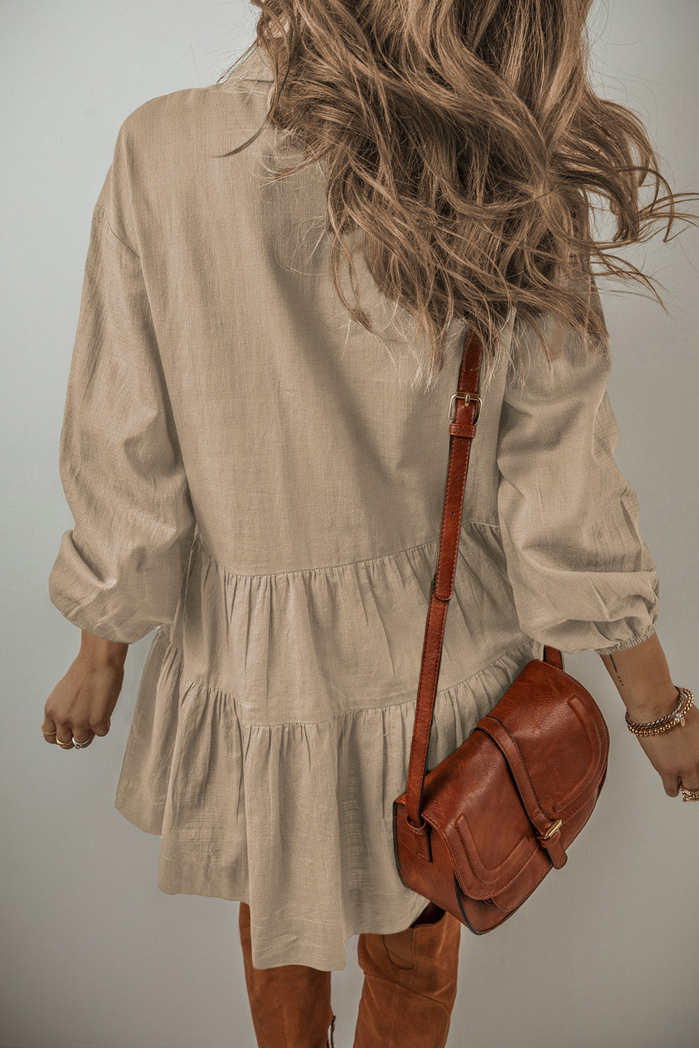 Tan Pleated Shirt Mini Dress