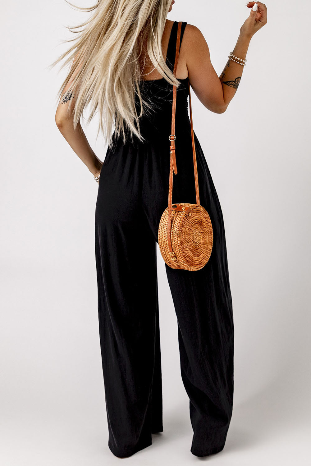 Black Smocked Top Wide Leg Jumpsuit