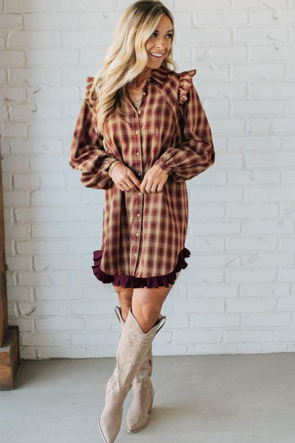Red Plaid Ruffled Sleeve Mini Shirt Dress