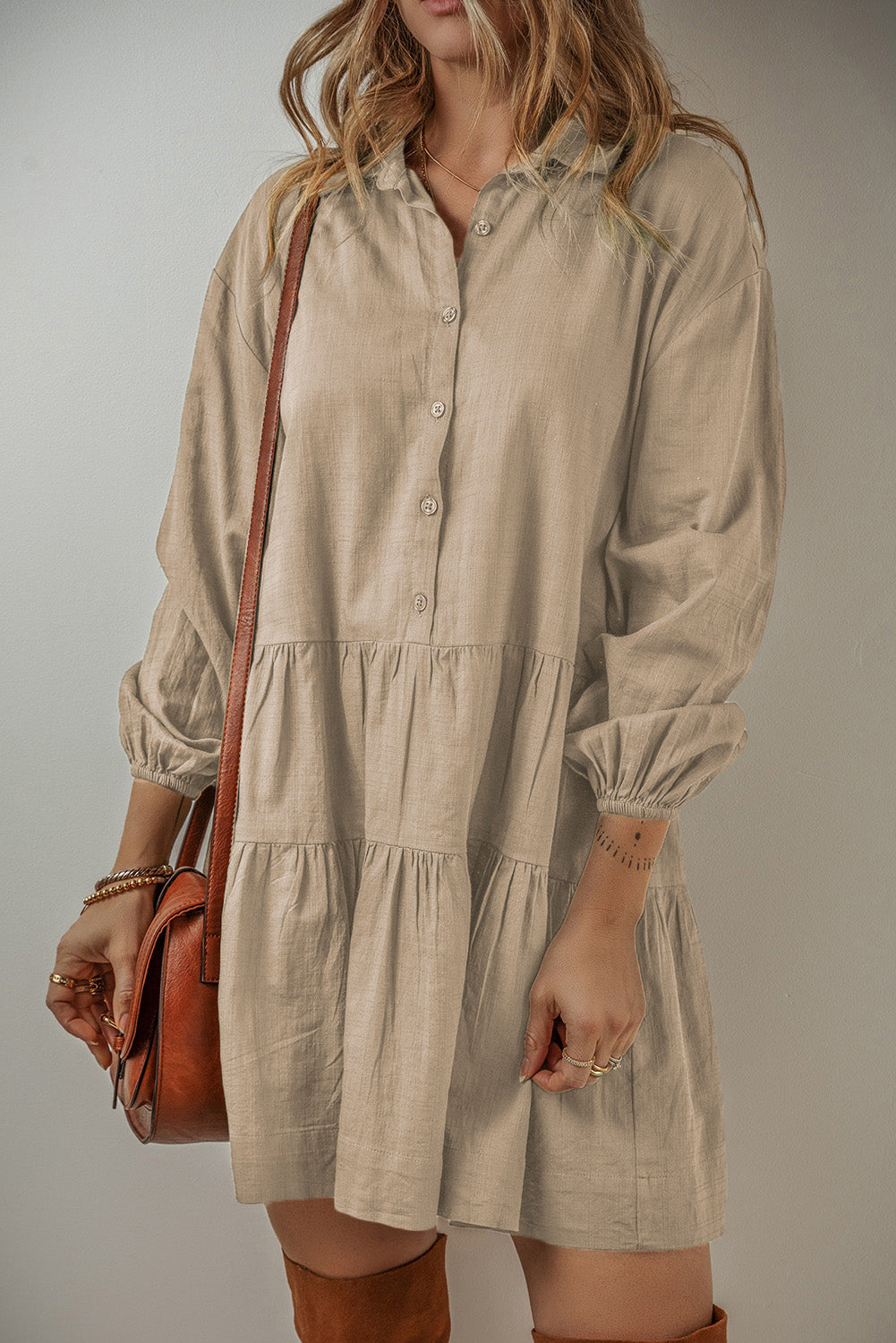 Tan Pleated Shirt Mini Dress