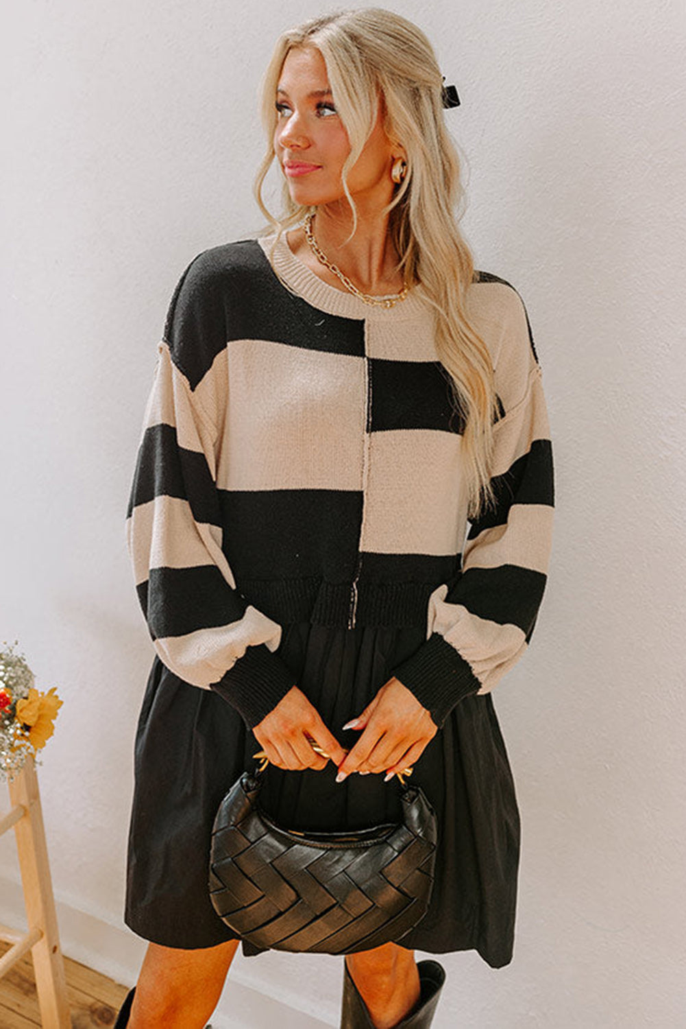 Knit Sweater Dress in Black/White Colorblock
