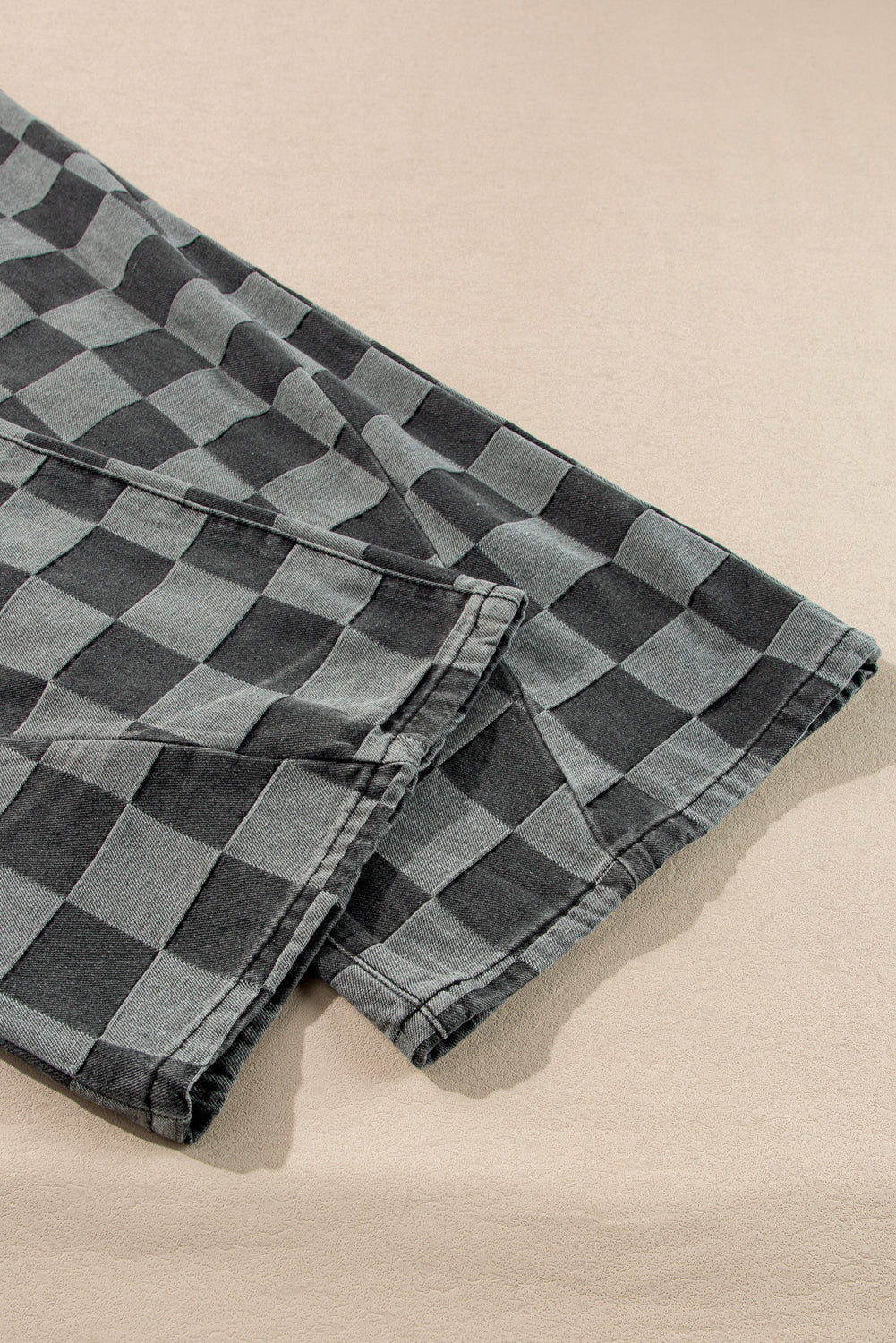 Grey Checkered Denim Wide Leg Jeans