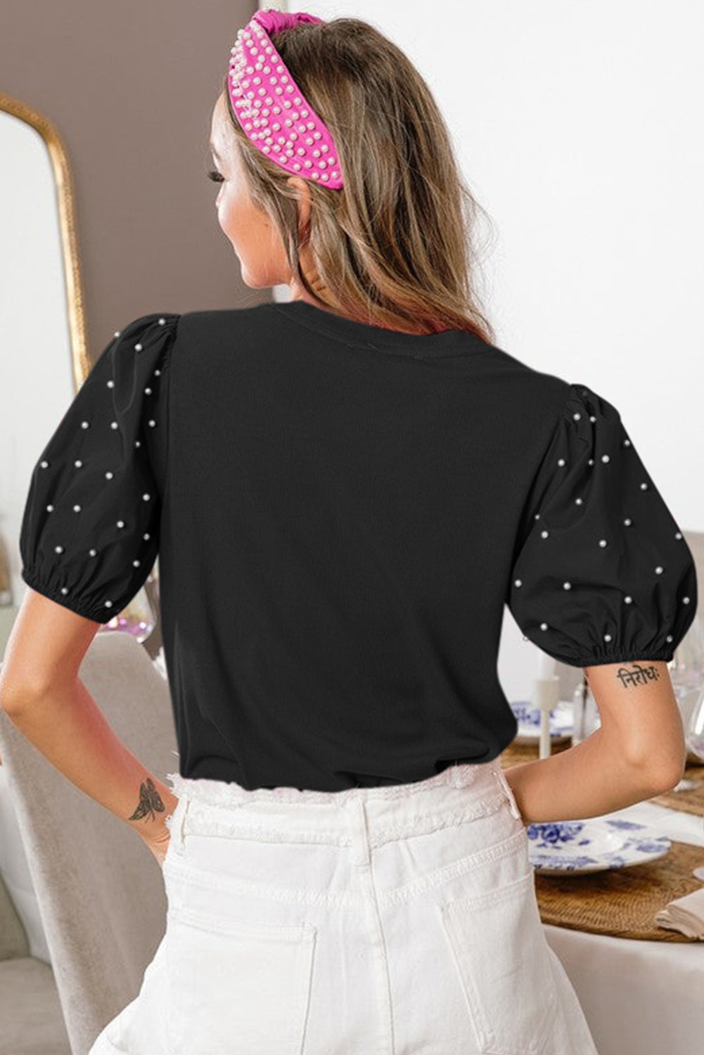 Beaded Puff Sleeve Top in Black