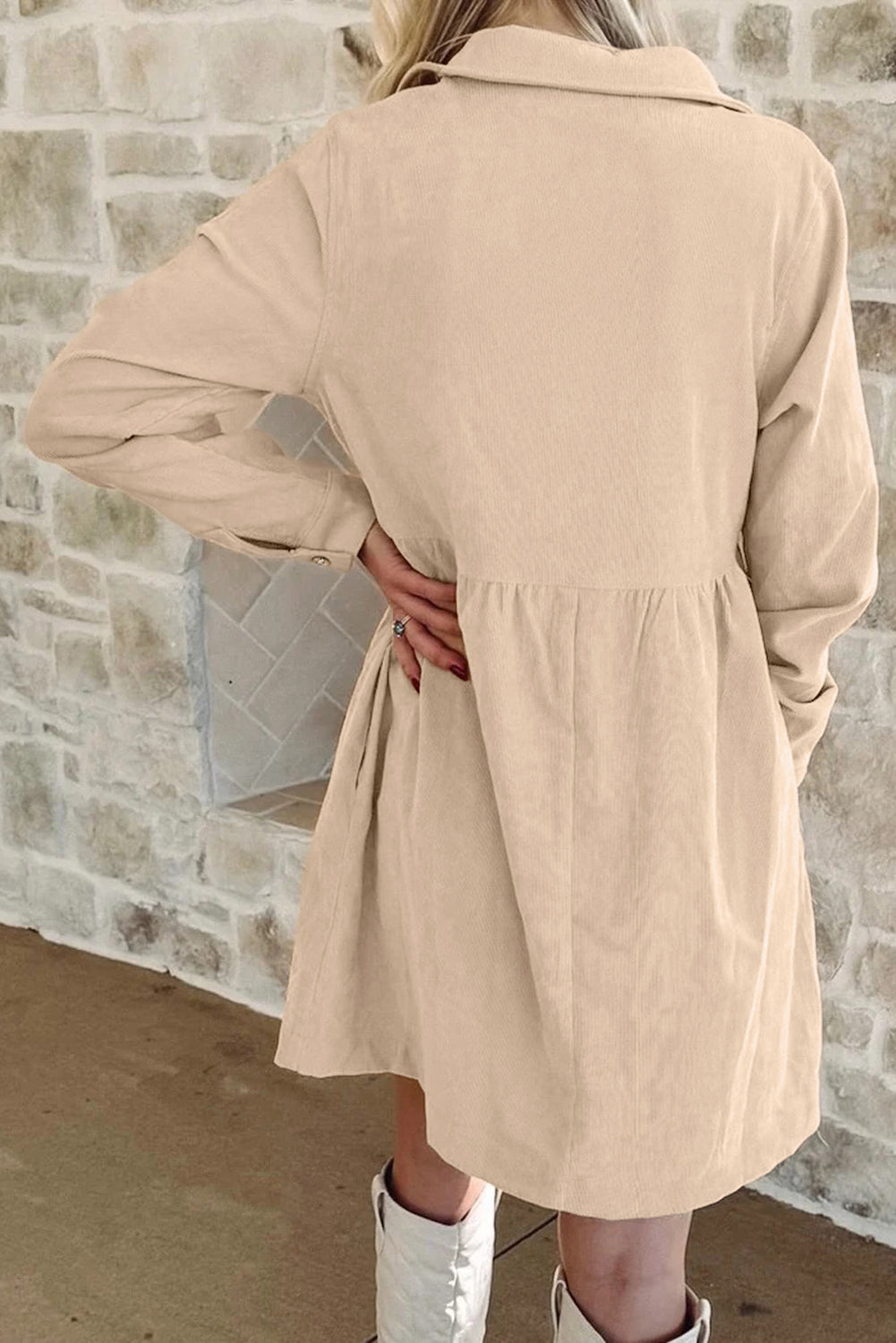 Corduroy Long Sleeve Mini Dress in Oatmeal
