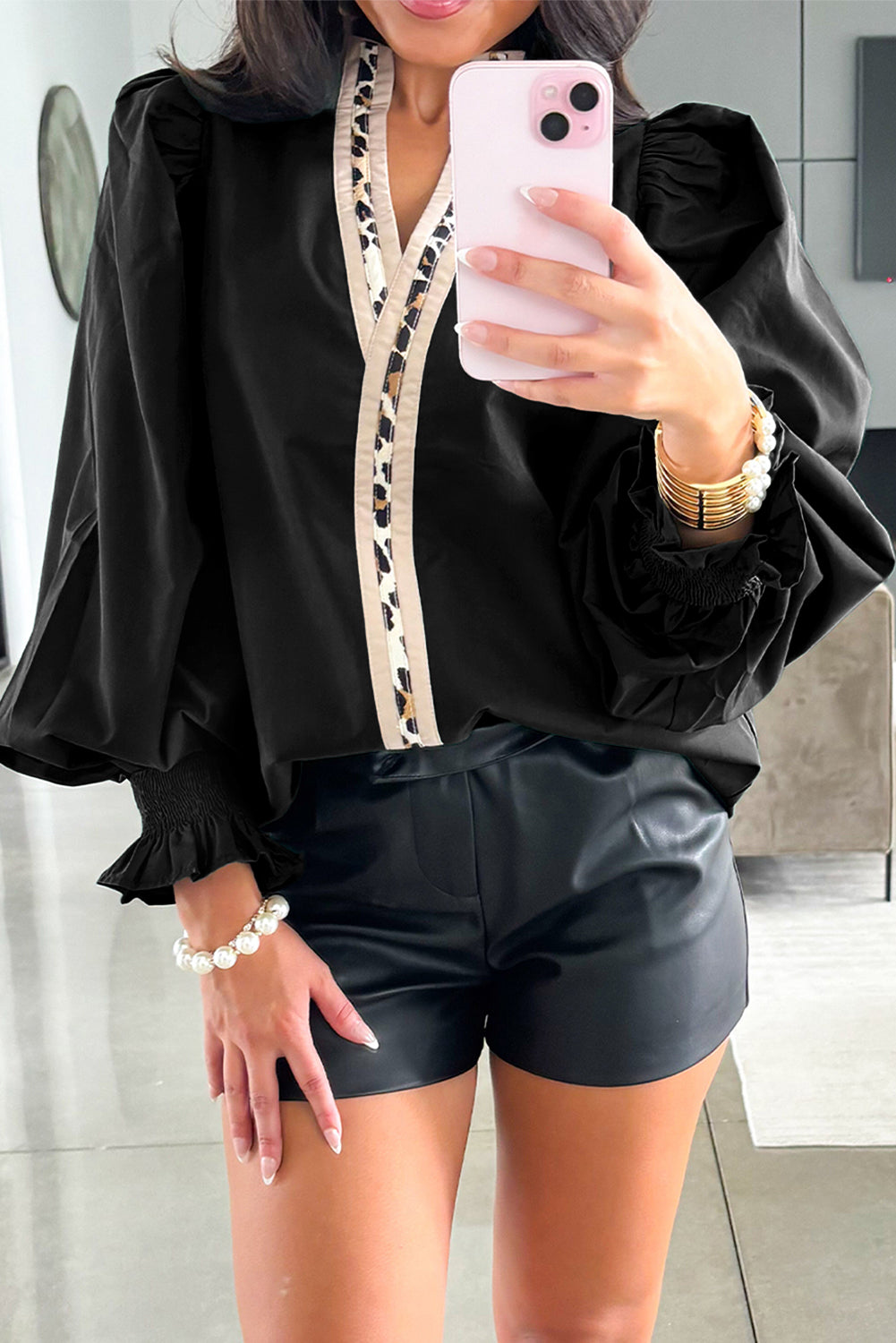 Black Leopard Trim Blouse
