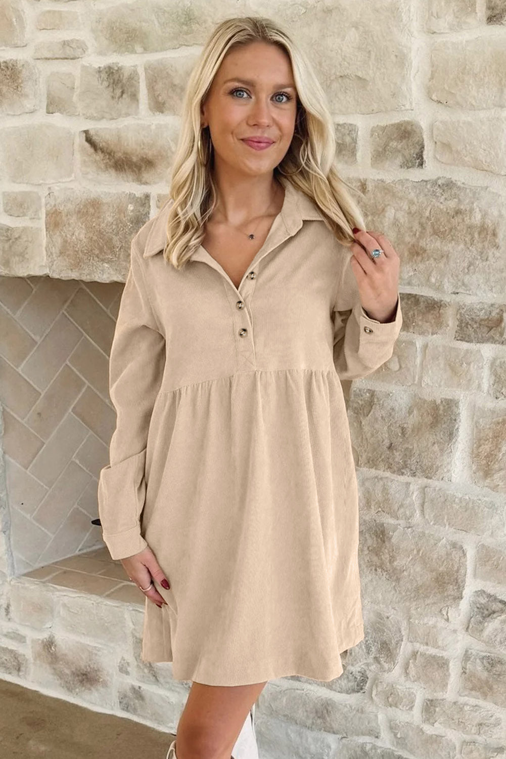 Corduroy Long Sleeve Mini Dress in Oatmeal
