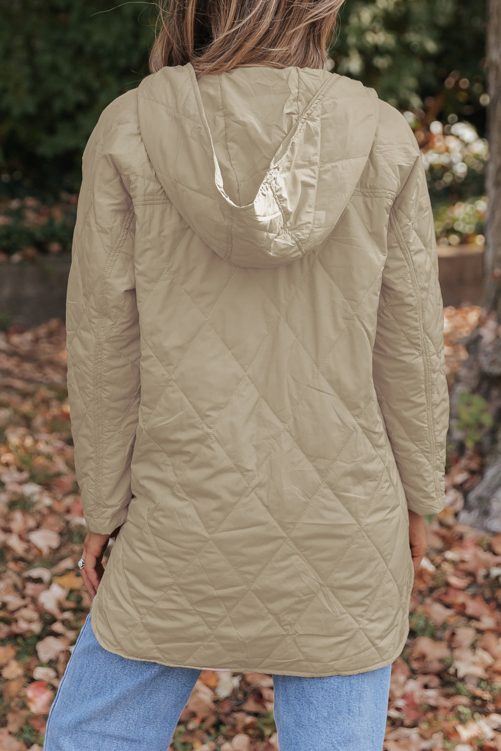 Khaki Snap Button Hooded Puffer Coat