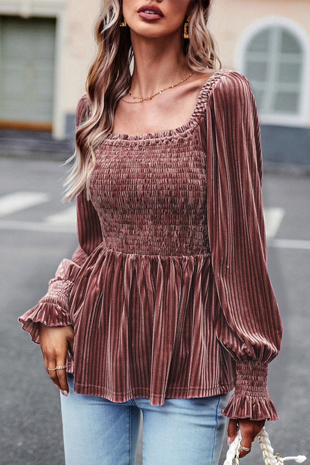 Blush Smocked Velvet Babydoll Top