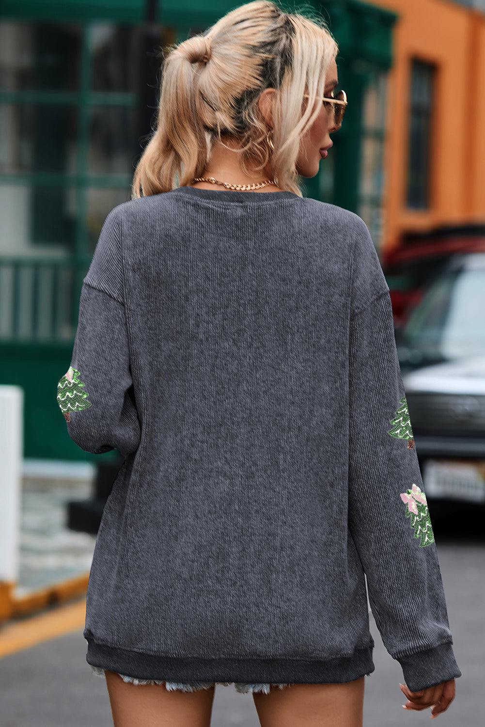 Sequined Christmas Tree Sweatshirt in Gray