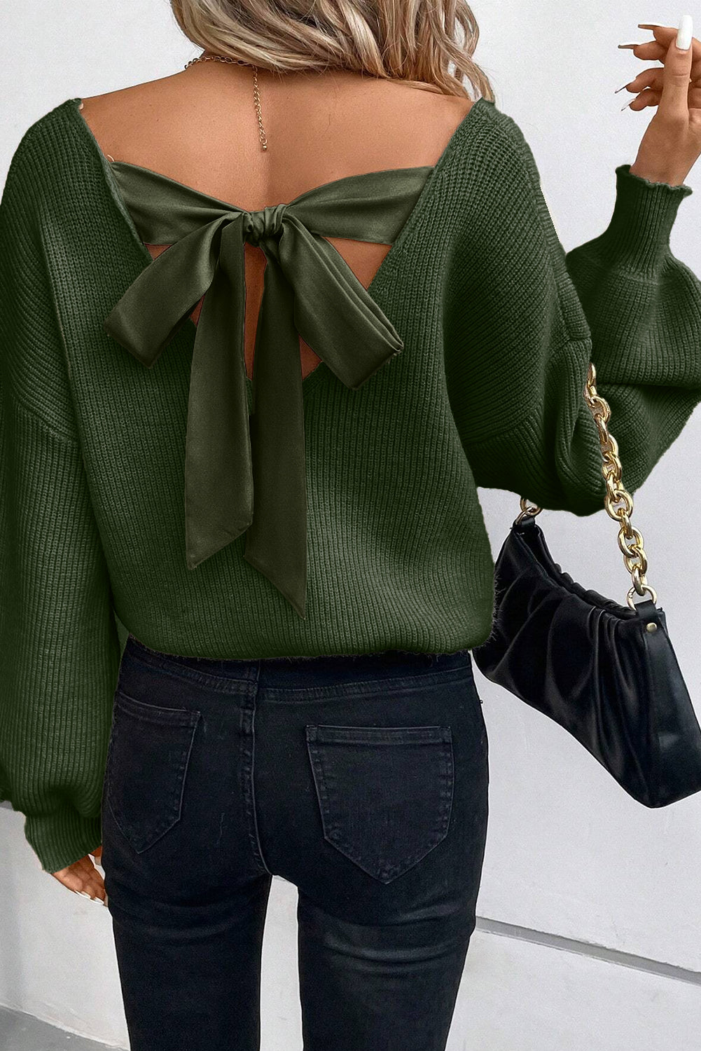 Lantern Sleeve Knot Back Sweater in Green