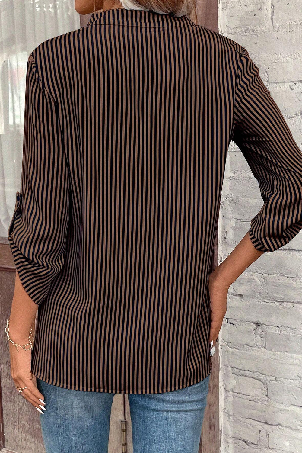 Brown Striped 3/4 Sleeve Blouse