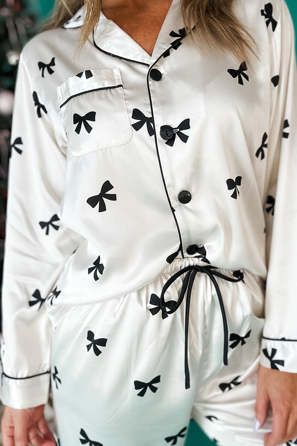 Bow Print Soft Pajama Set in Black