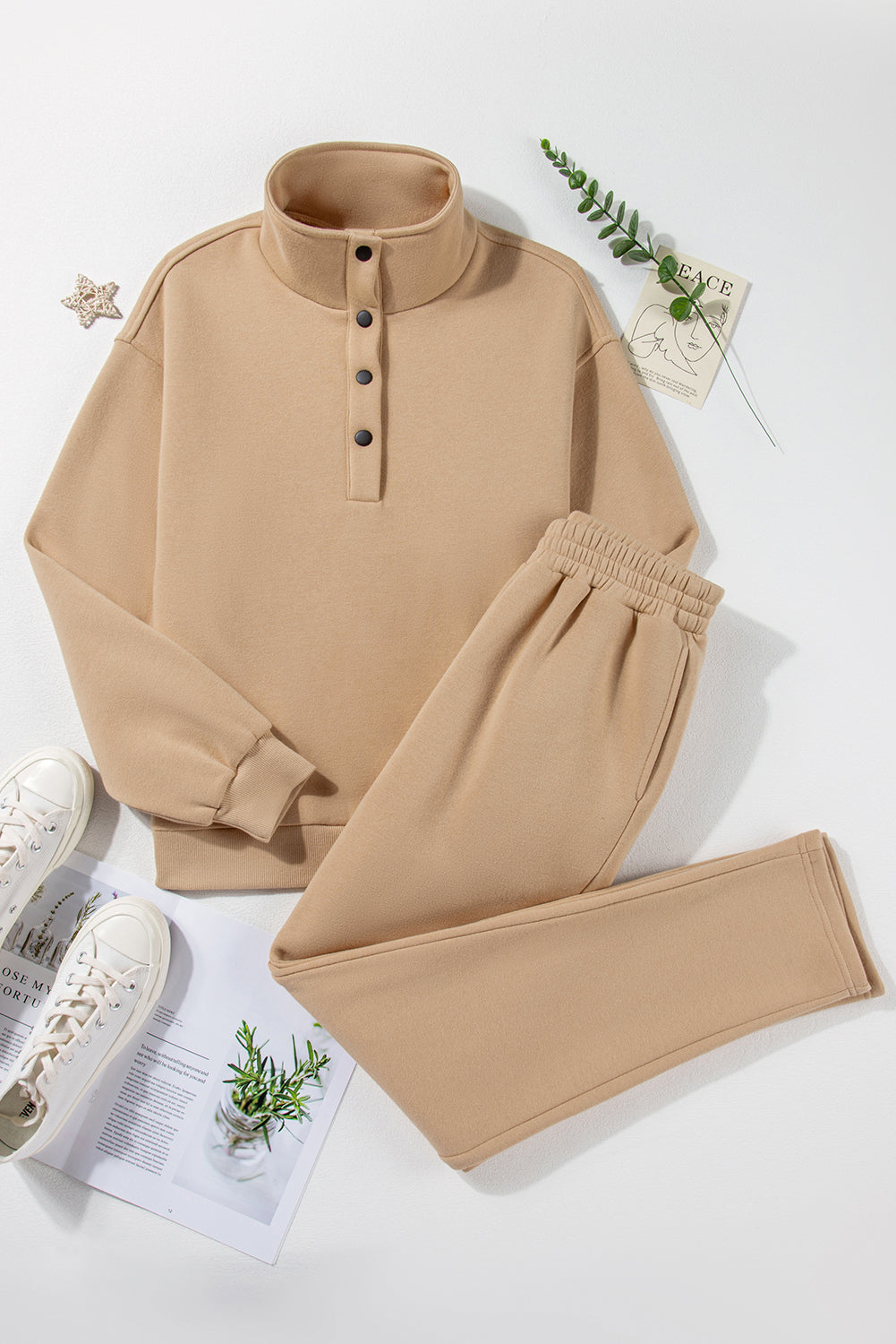 Half Button Sweatshirt and High Waist Sweatpants Set in Parchment