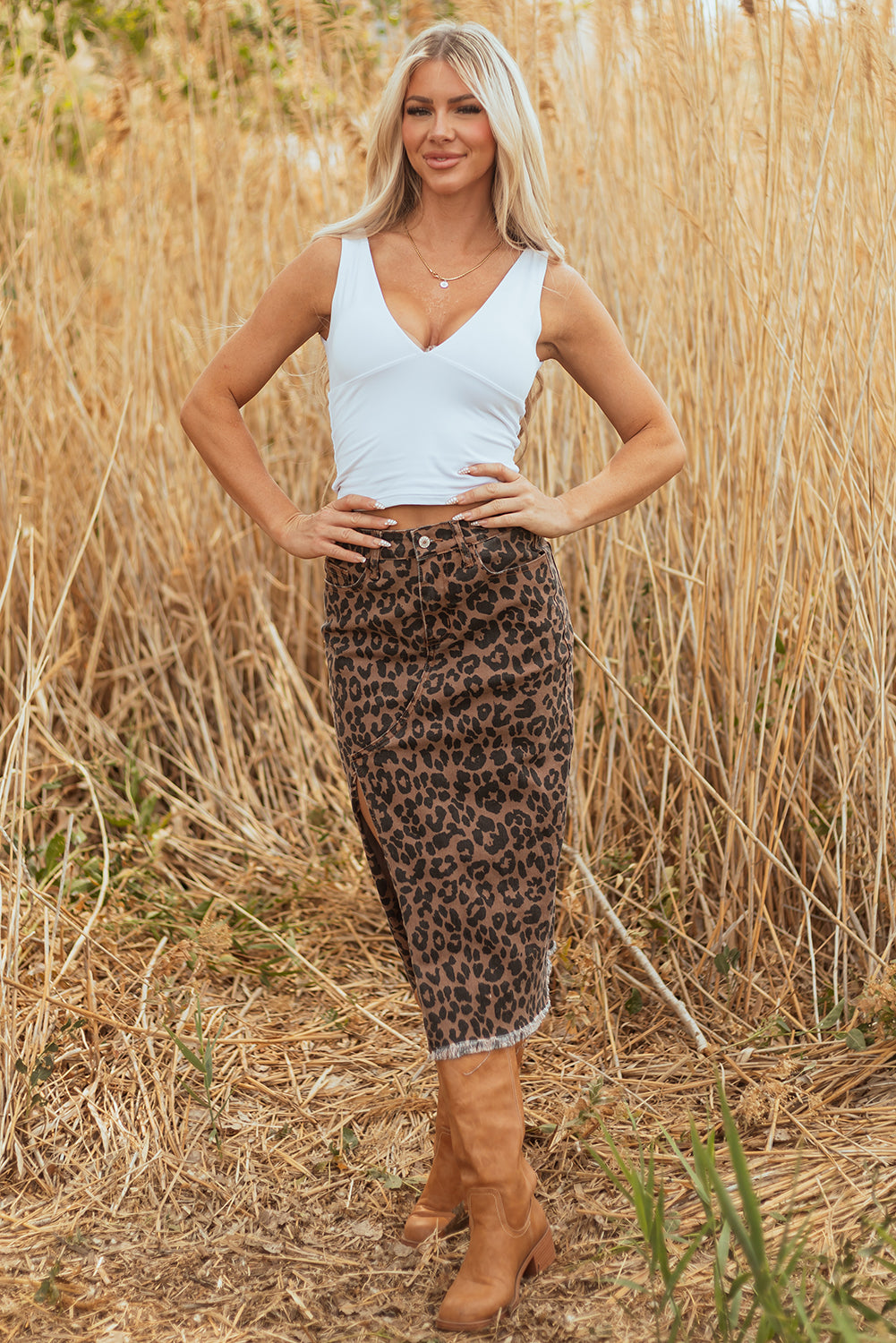 Leopard Print Frayed Denim Midi Skirt