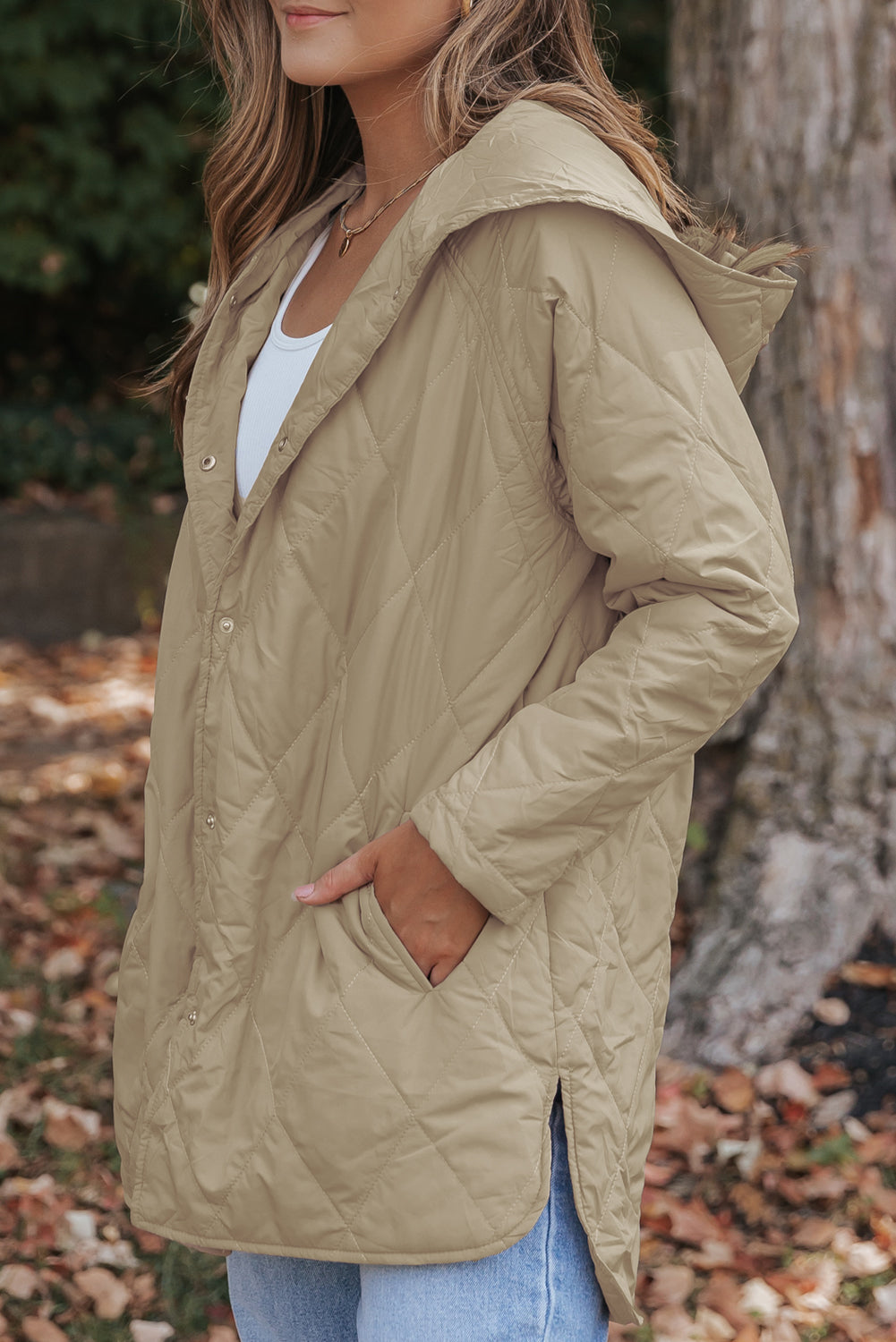 Khaki Snap Button Hooded Puffer Coat