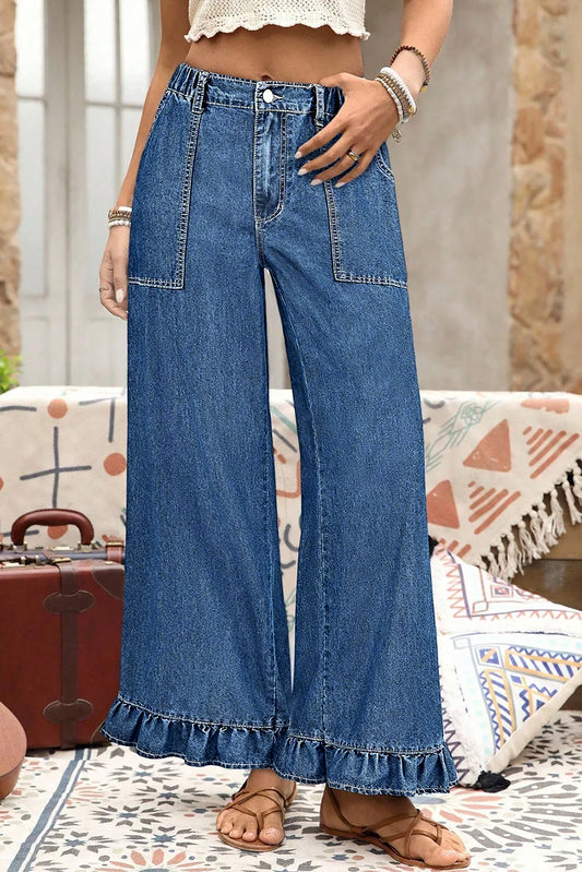 Ruffled Wide Leg Denim Pants in Plus Size
