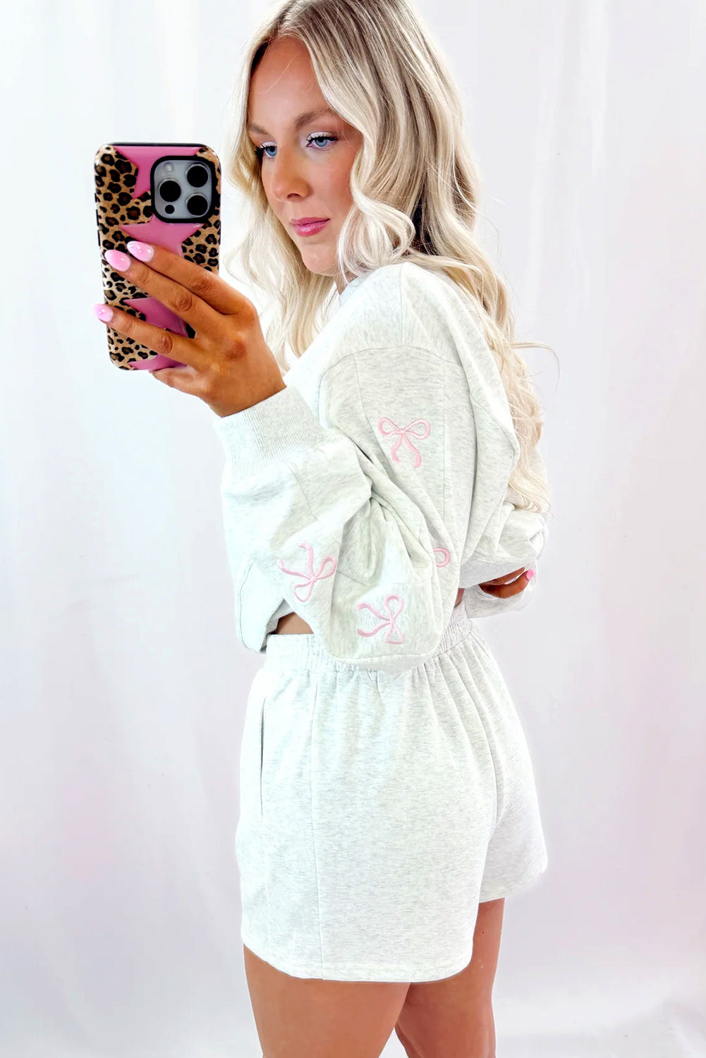 Girly Grey Embroidered Bow Pajama Set
