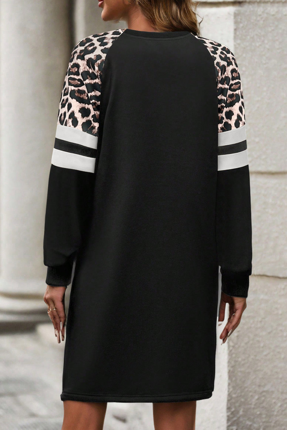 Black Leopard Print Varsity Sweatshirt Dress