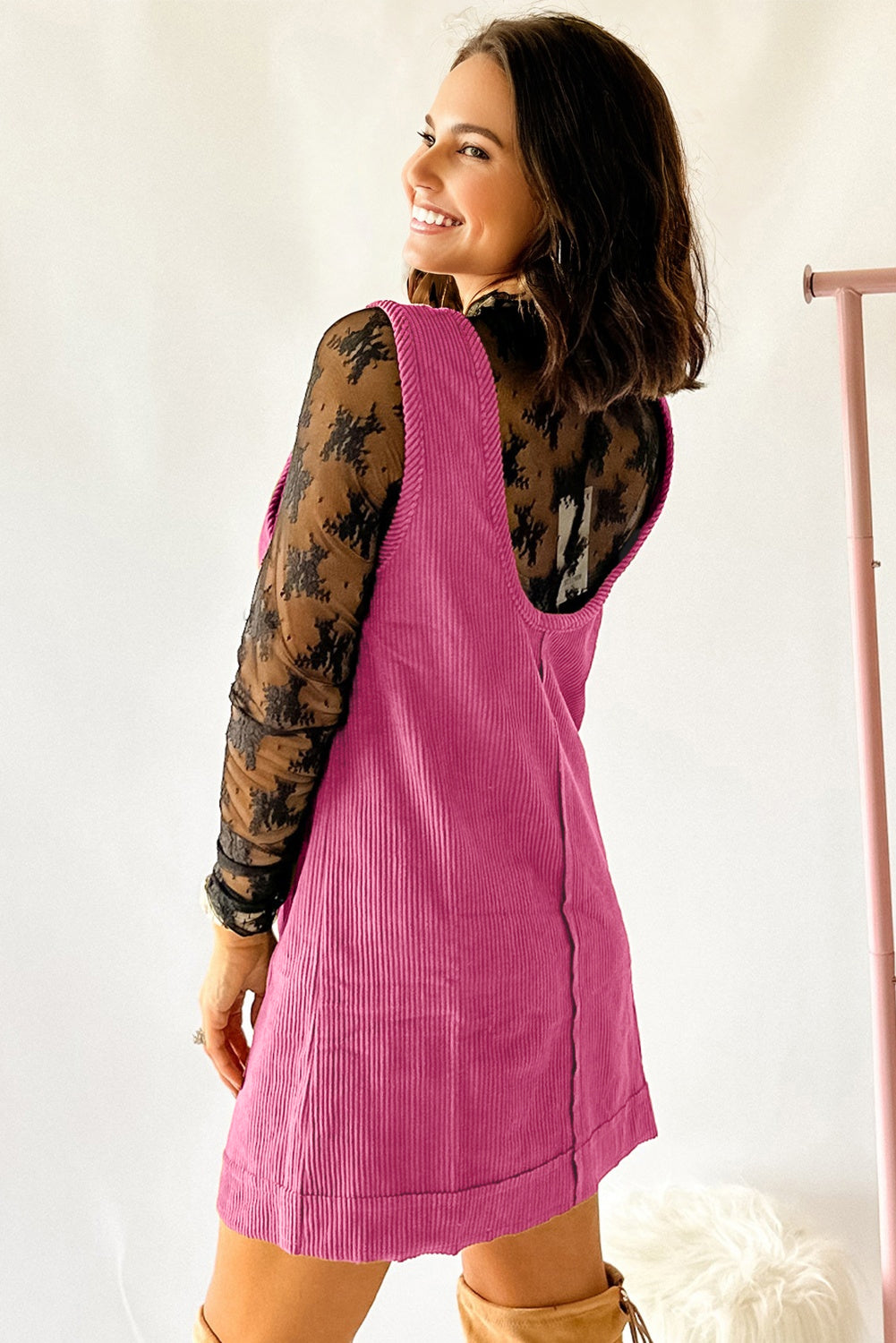 Corduroy Mini Dress With Patched Pockets in Rose Red