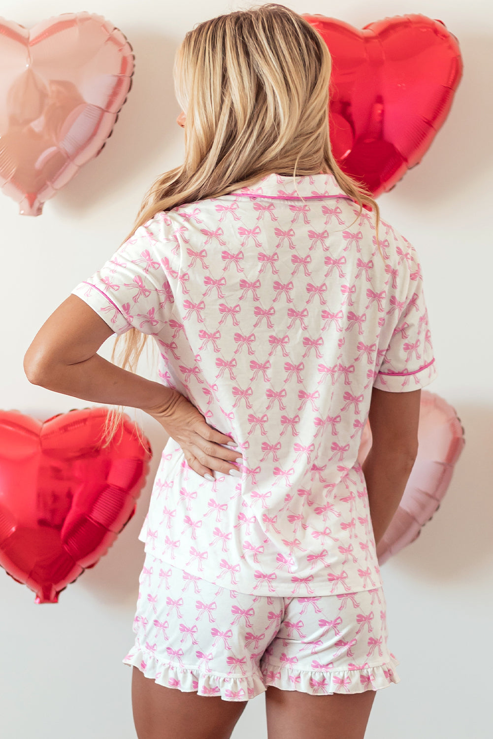 Pink Bow Ruffled Shorts Pajama Set