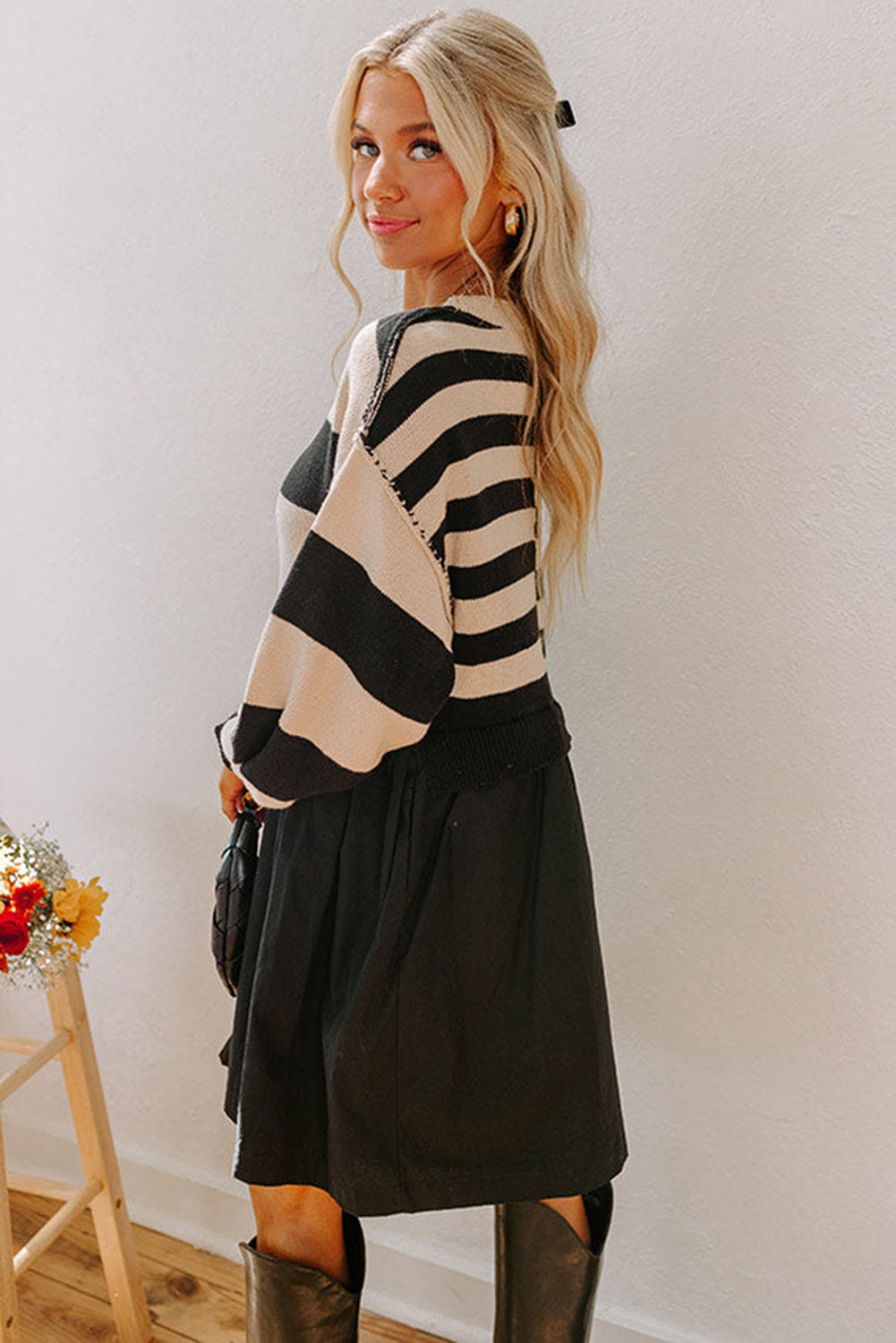 Knit Sweater Dress in Black/White Colorblock