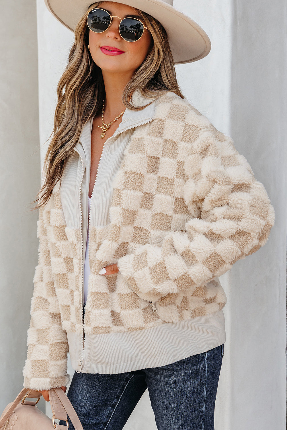 Khaki Checkered Sherpa Jacket with Corduroy Detail