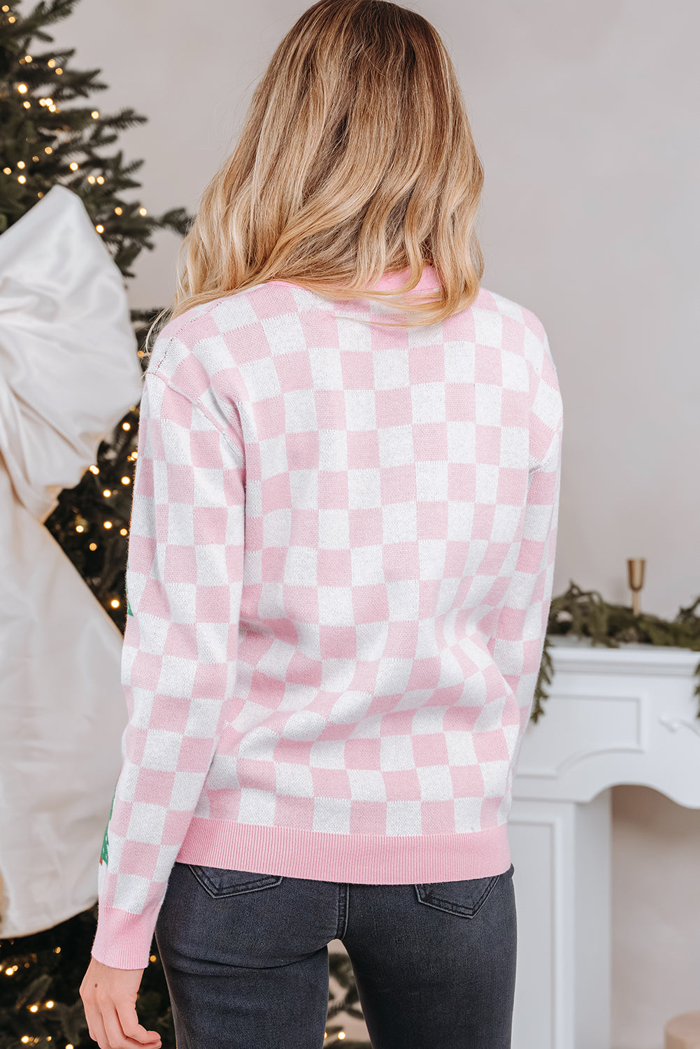 Pink Checkered Christmas Tree Cardigan