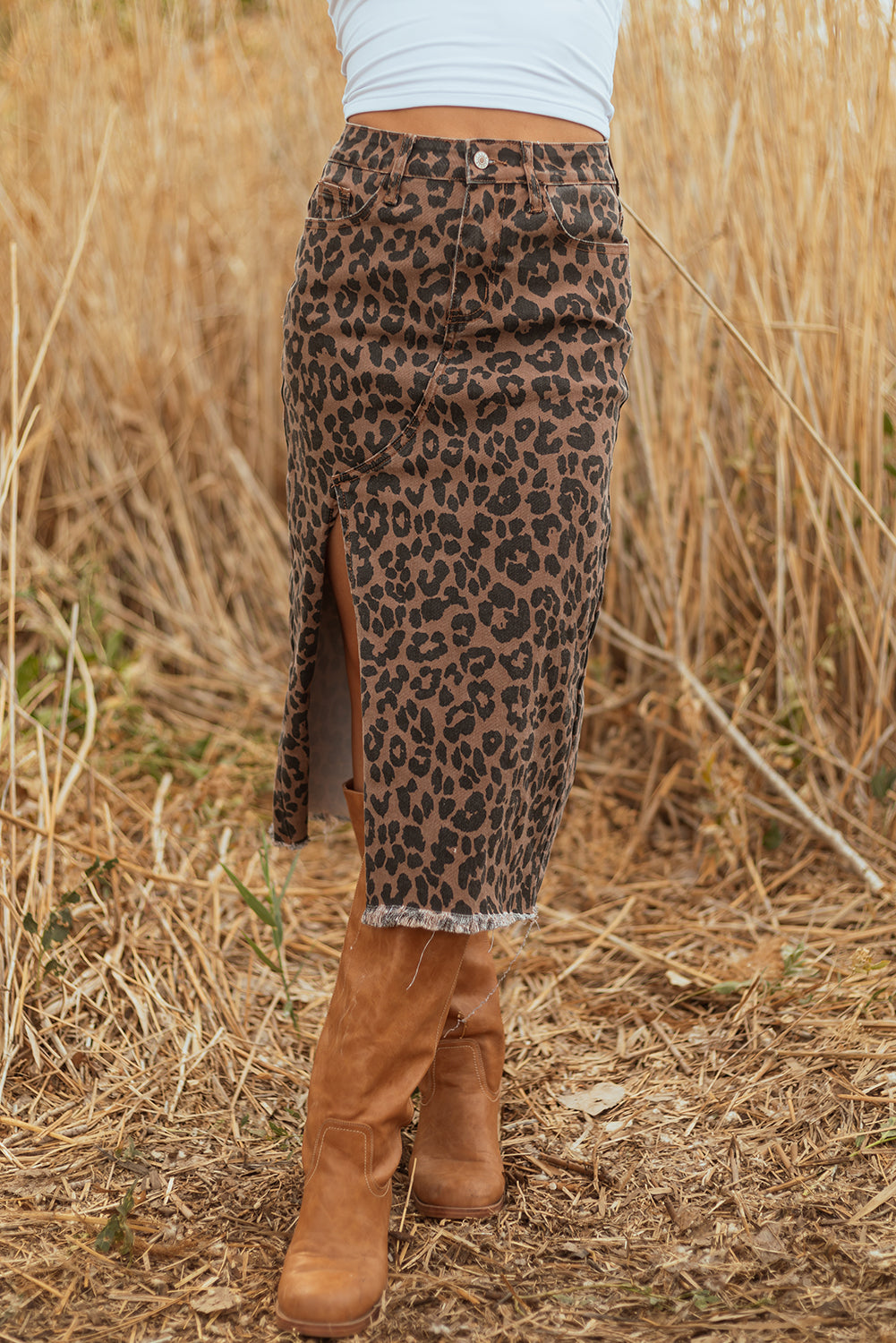Leopard Print Frayed Denim Midi Skirt