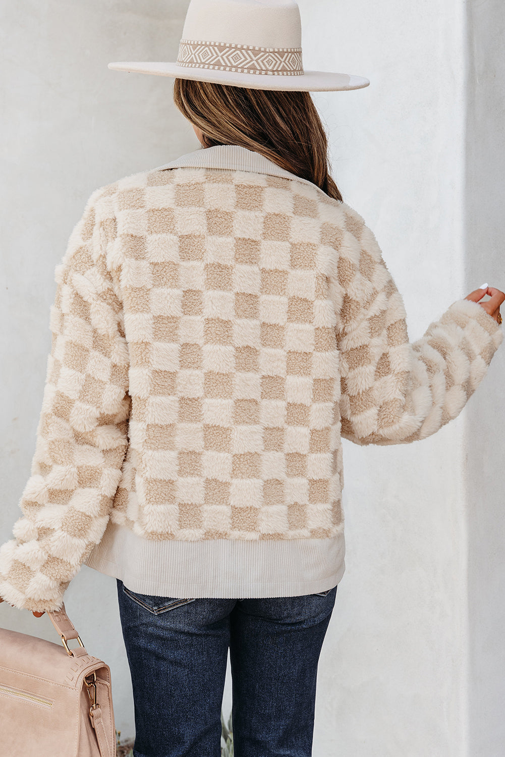 Khaki Checkered Sherpa Jacket with Corduroy Detail