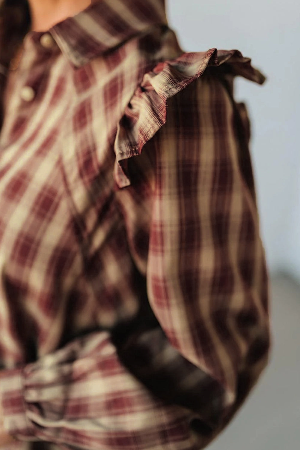Red Plaid Ruffled Sleeve Mini Shirt Dress