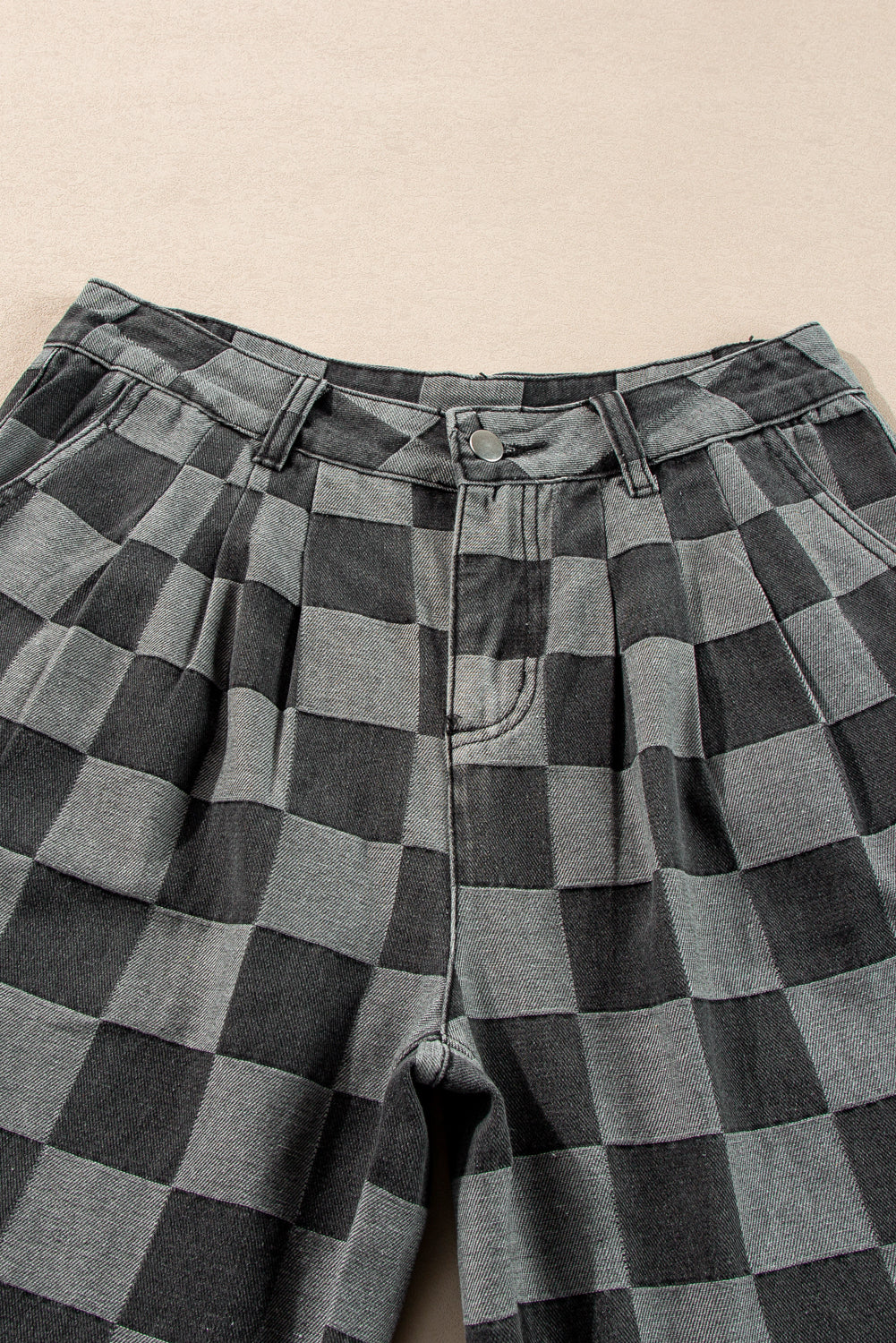 Grey Checkered Denim Wide Leg Jeans