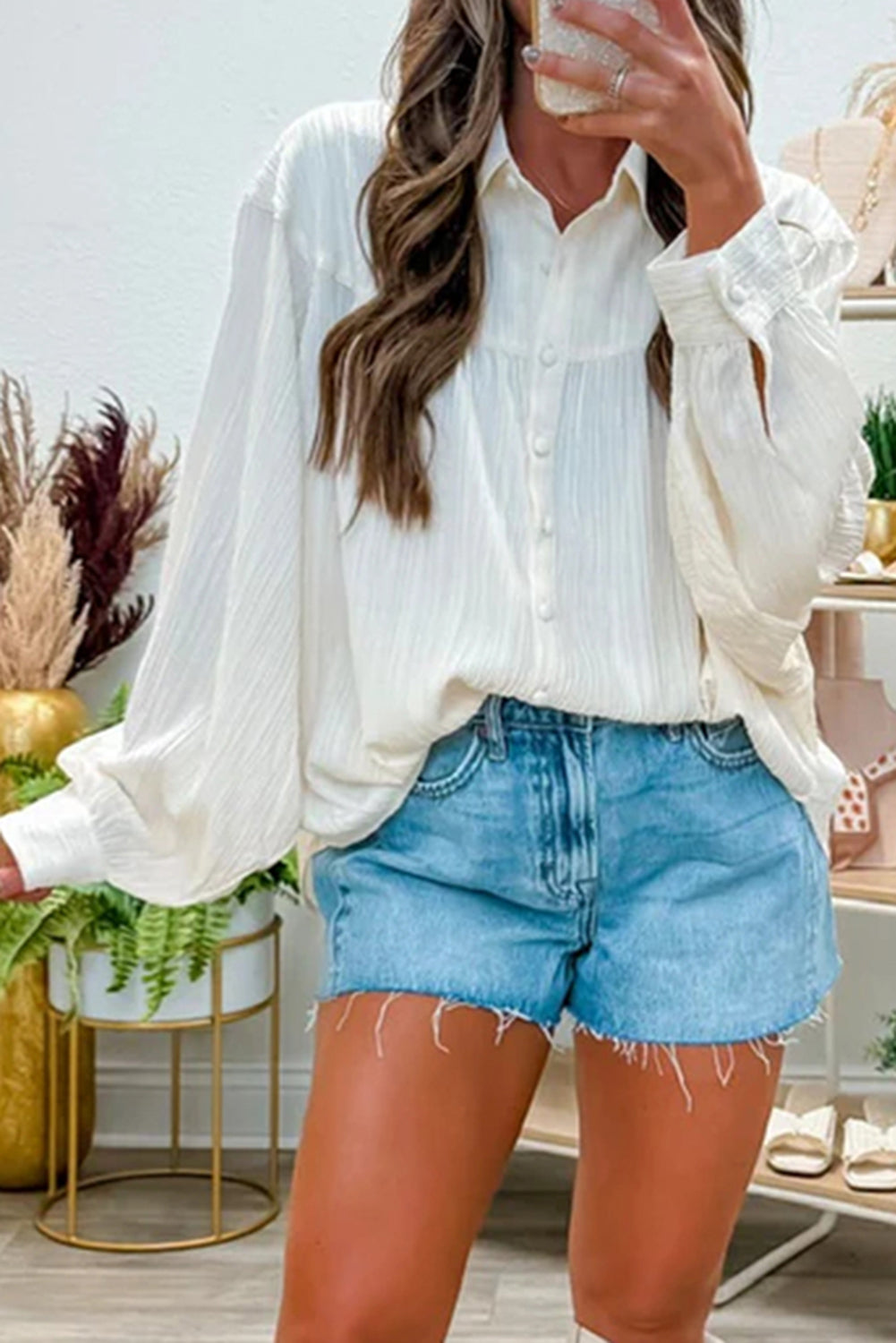 Crinkled Lantern Sleeve Shirt