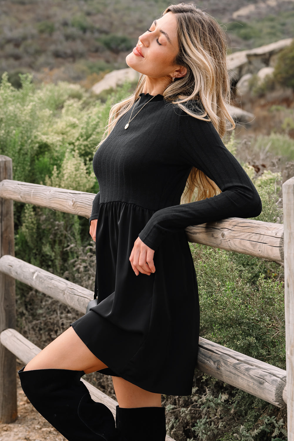 Black Frilled Neck Ribbed Knit Mini Dress