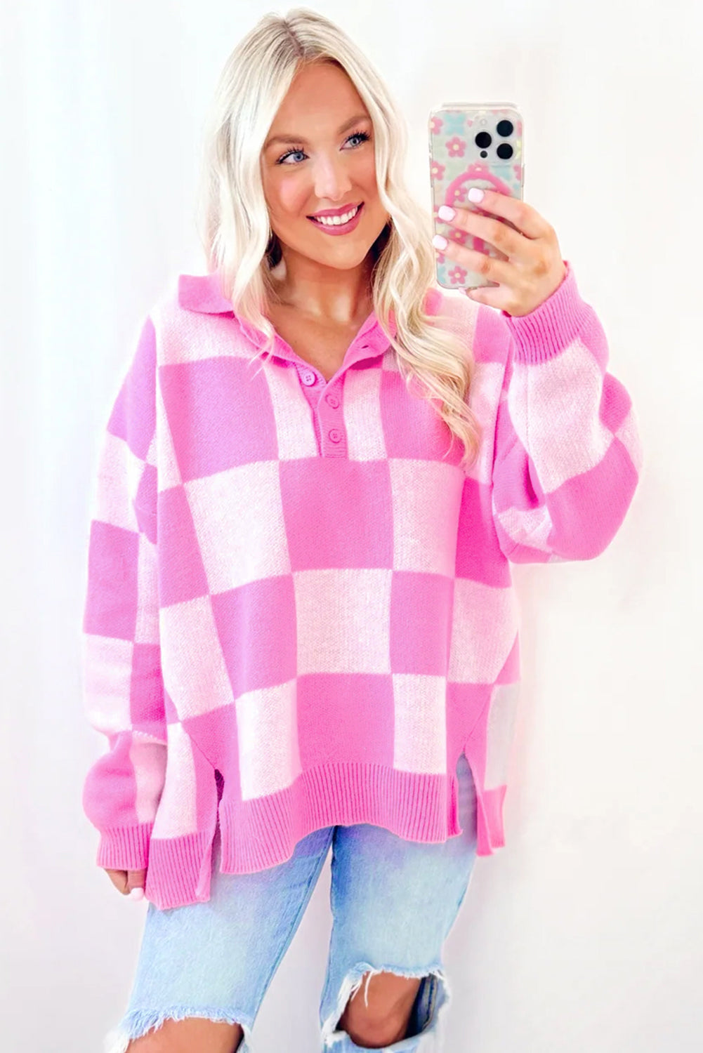 Pink Checkered Drop Shoulder Sweater