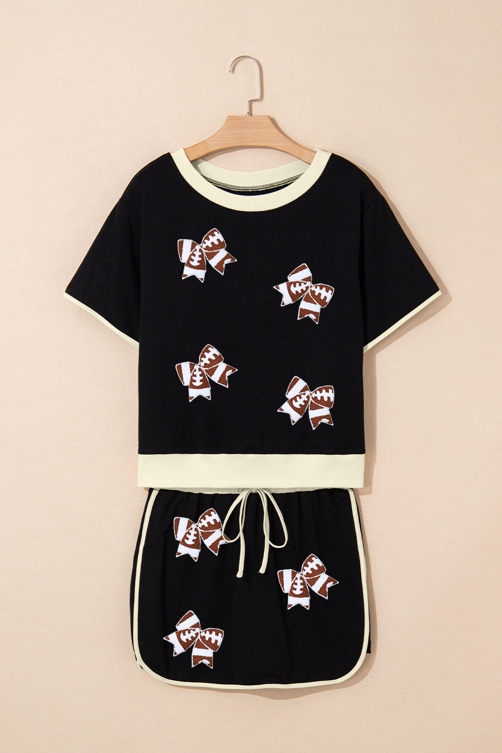 Black Sequined Football Bow Tee and Skort Set