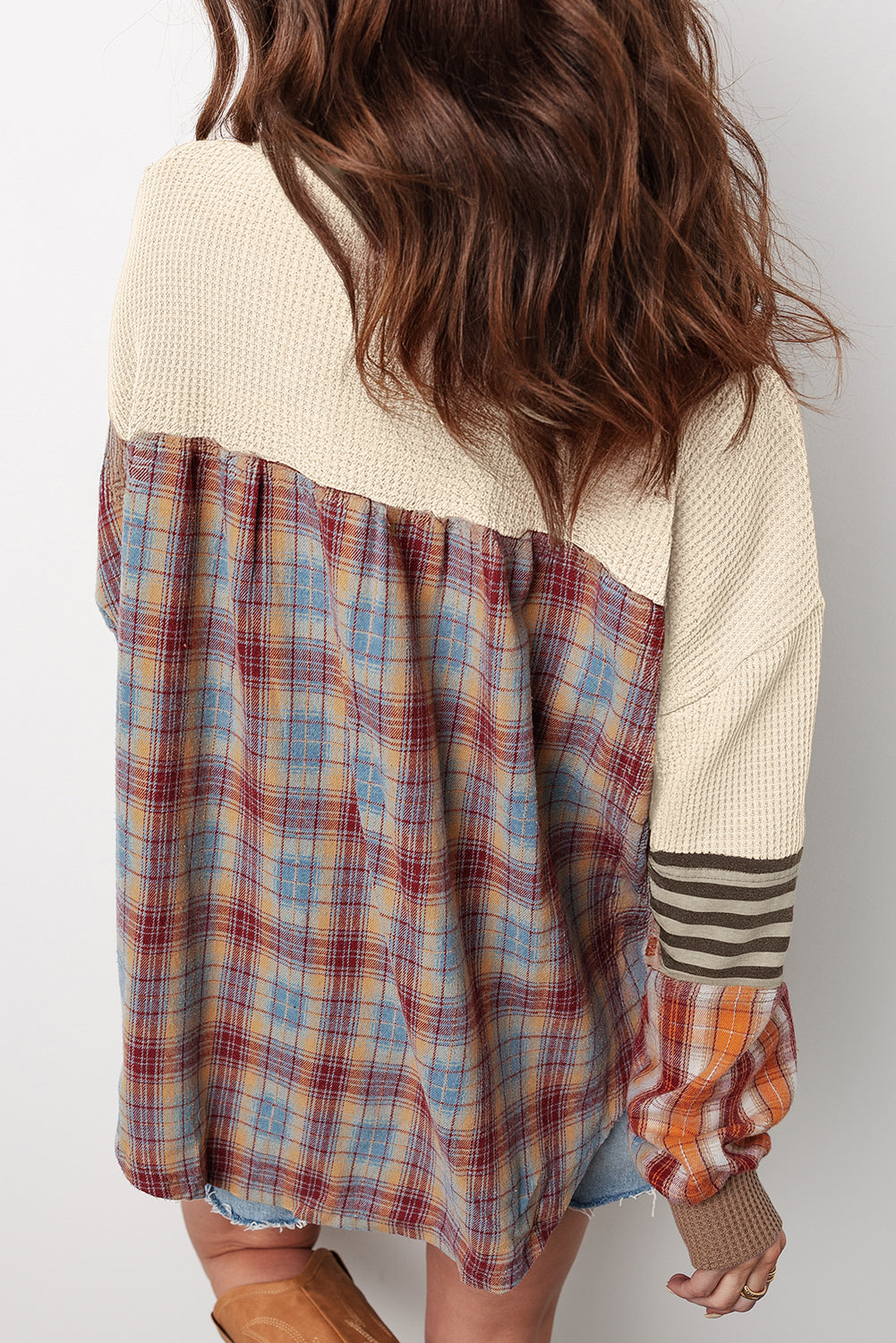 Plaid Patchwork Waffled Henley