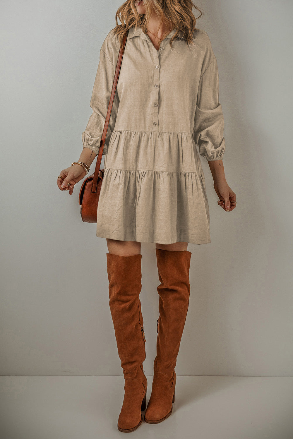 Tan Pleated Shirt Mini Dress