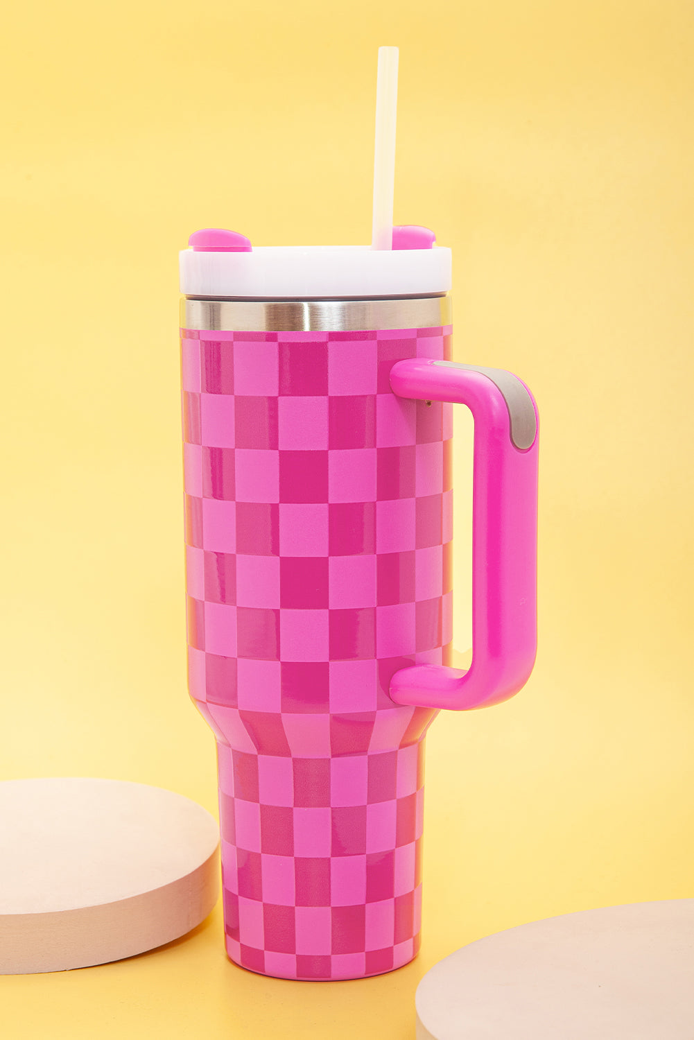 Bright Pink Checkered Stainless Steel Tumbler Cup 40oz