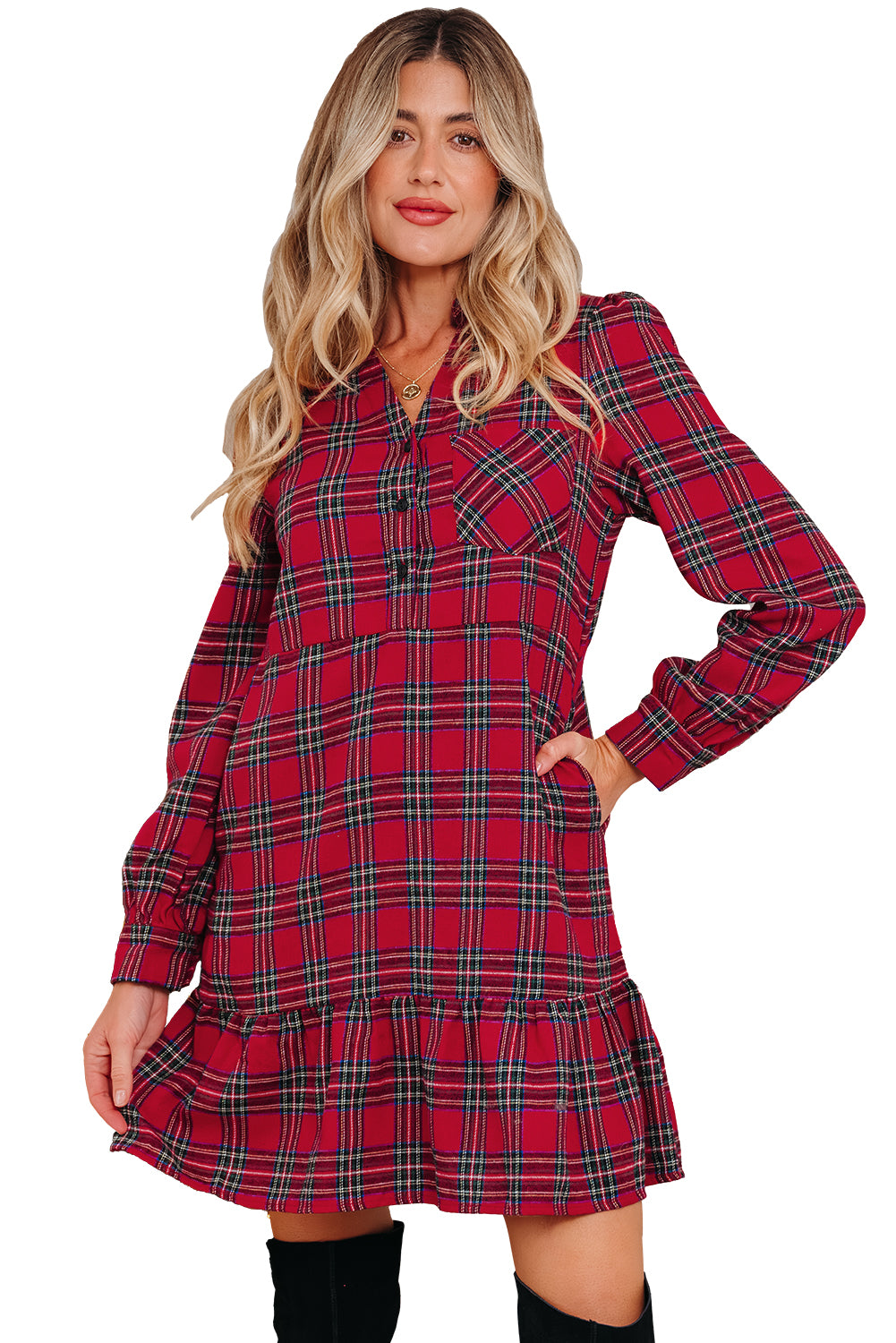 Red Plaid Ruffle Hem Mini Shirt Dress