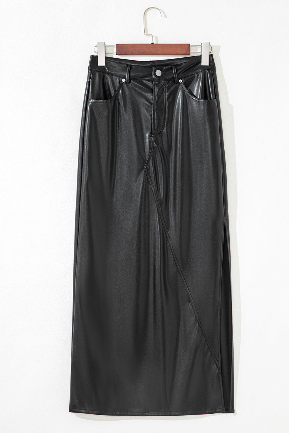 Faux Leather Side Slit Maxi Skirt