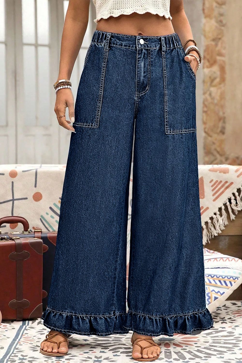 Ruffled Wide Leg Denim Pants in Plus Size