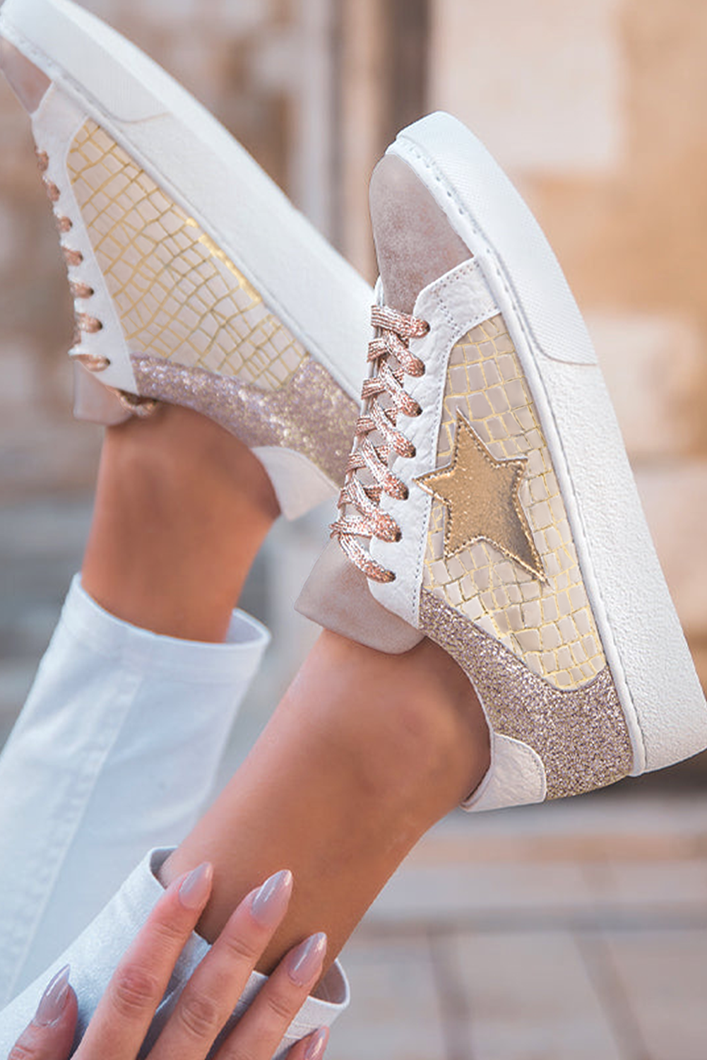 Gold Glitter Star Lace-up Sneakers