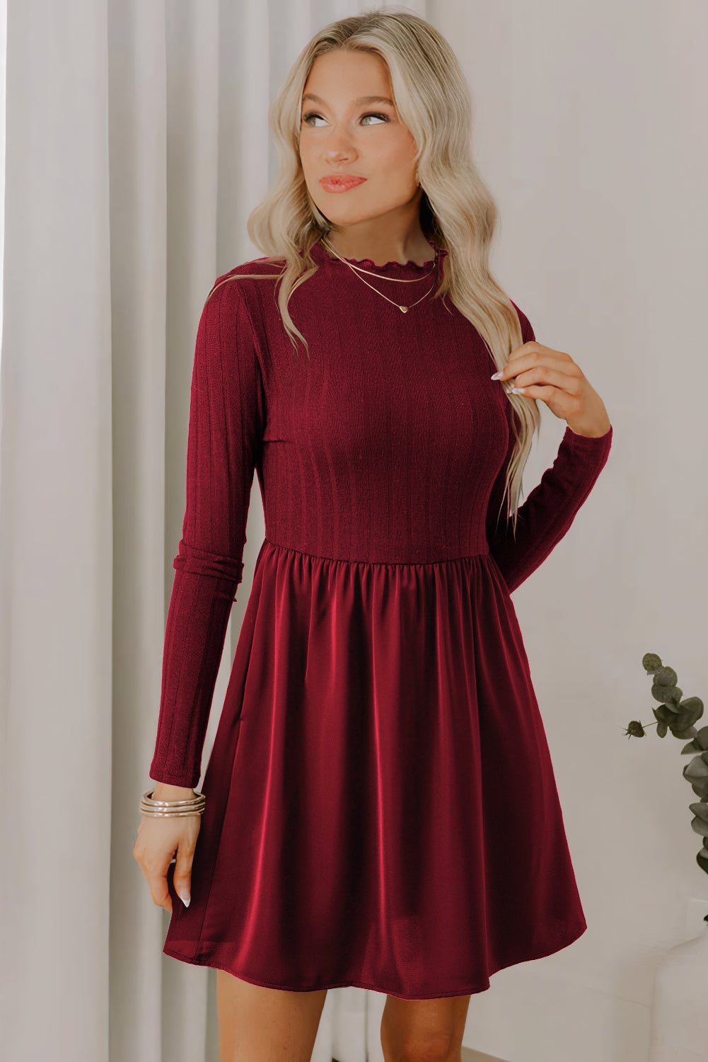 Red Dahlia Frilled Neck Ribbed Knit Mini Dress