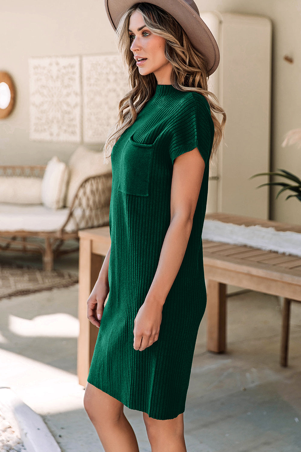 Green Ribbed Knit Sweater Dress