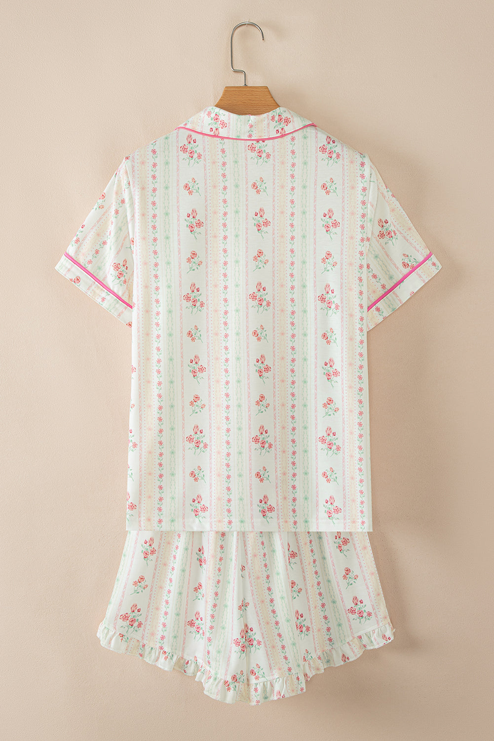 Pink Floral Contrast Piping 2pc Pajamas Set